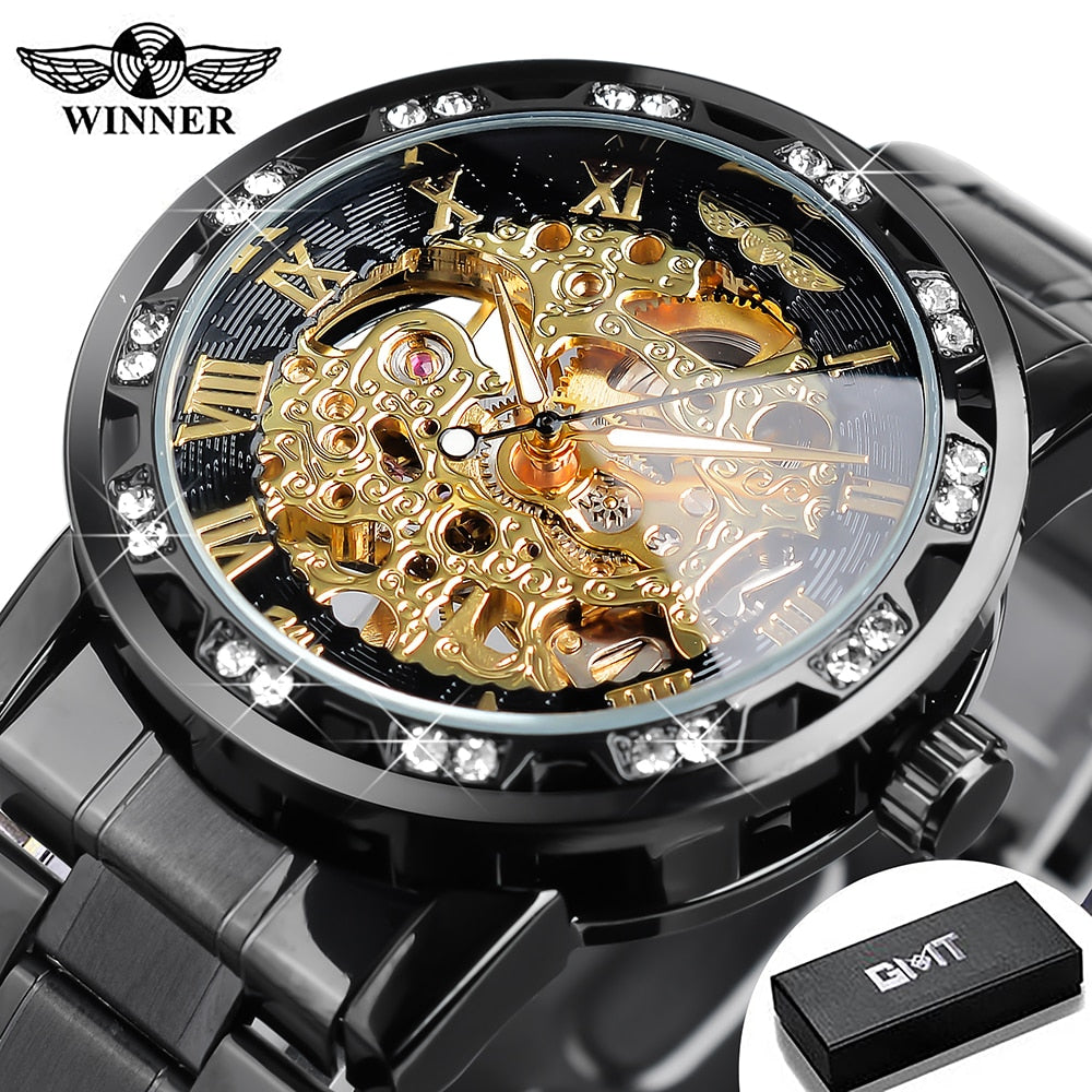 Transparent Diamond Luminous Gear Movement Royal Design Mechanical Skeleton Wrist Watch