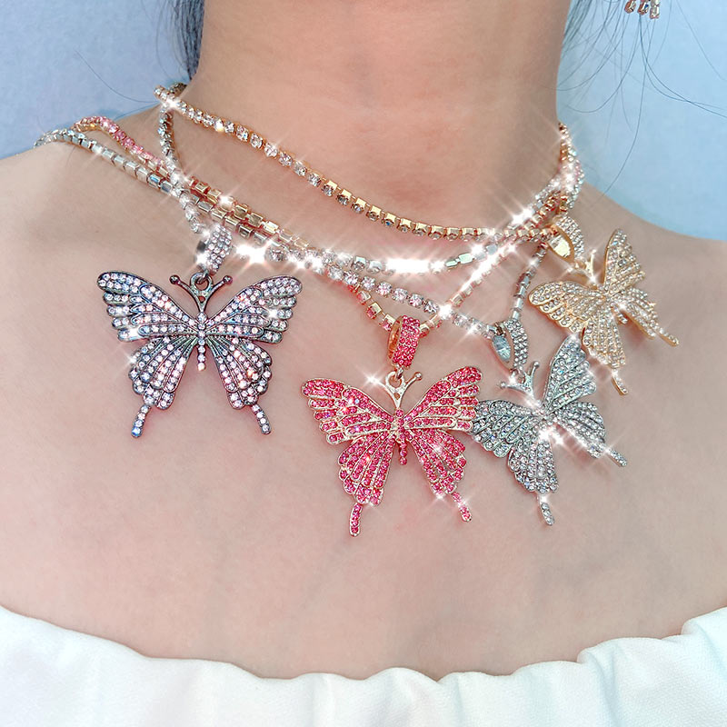 Butterfly Pendant Necklace Rhinestone Chain Crystal Choker Necklace Party Jewelry