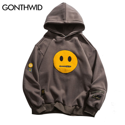 Zipper Pocket Smile Face Patchwork Fleece Hoodie Streetwear Casual Pullover