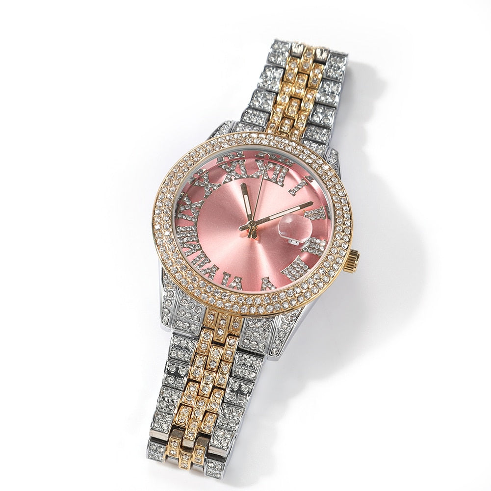 Hip Hop Full Iced Out Stainless Steel Luxury Rhinestones Quartz Business Wrist Watch