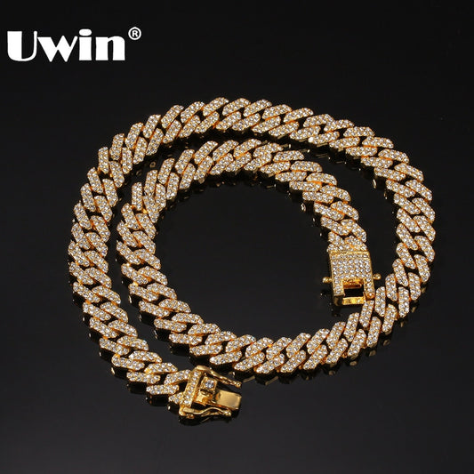 Miami/Cuban Mens Chain Necklace Micro Paved 12mm S-Link Iced Rhinestones Bling