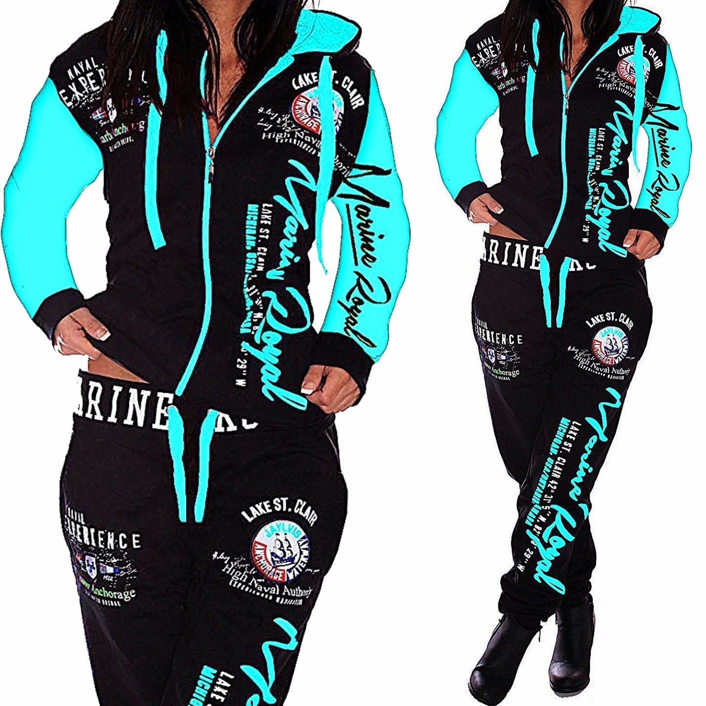 Zogaa New Women Sports 2 Piece Set Warm Printed Matching Tracksuit