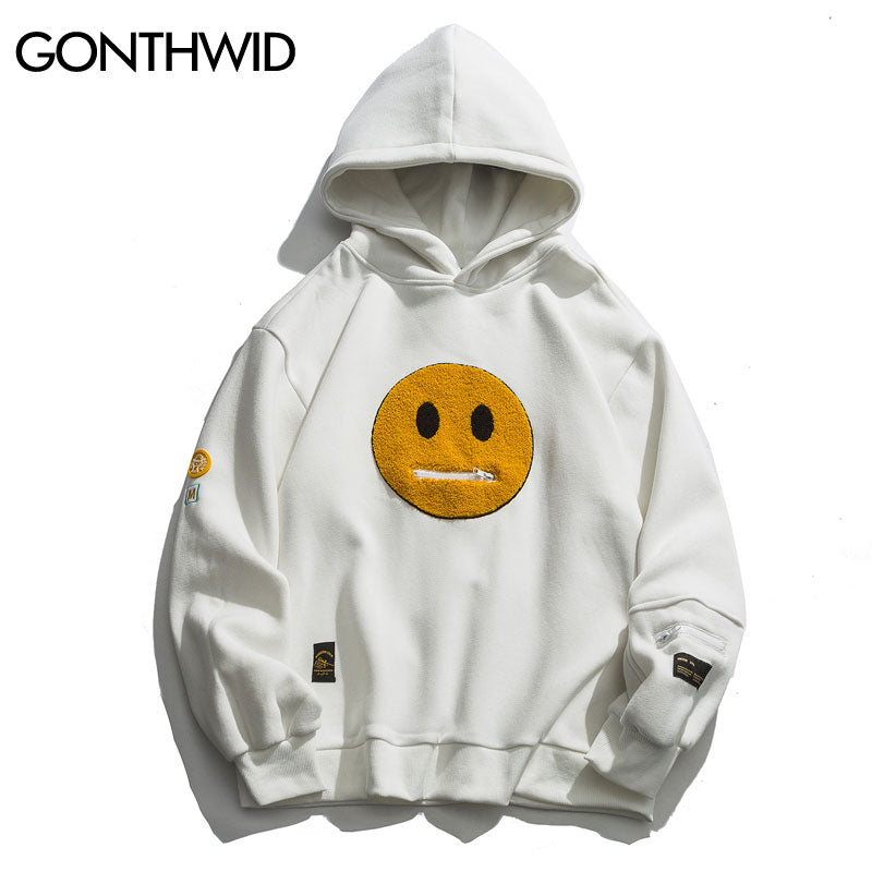 Zipper Pocket Smile Face Patchwork Fleece Hoodie Streetwear Casual Pullover