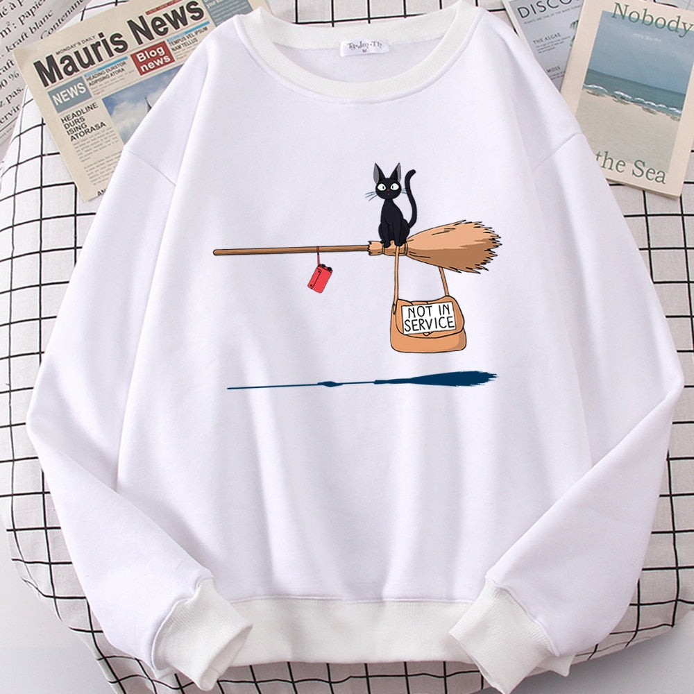 Cute Cat Not In Service Print Hoodie Women Casual Crewneck Sportswear Fleece Warm Sweatshirt