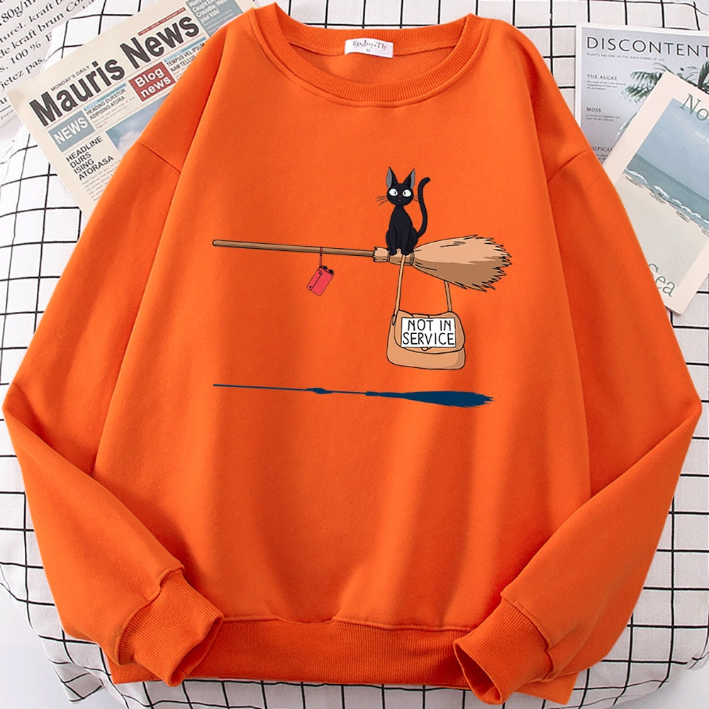 Cute Cat Not In Service Print Hoodie Women Casual Crewneck Sportswear Fleece Warm Sweatshirt
