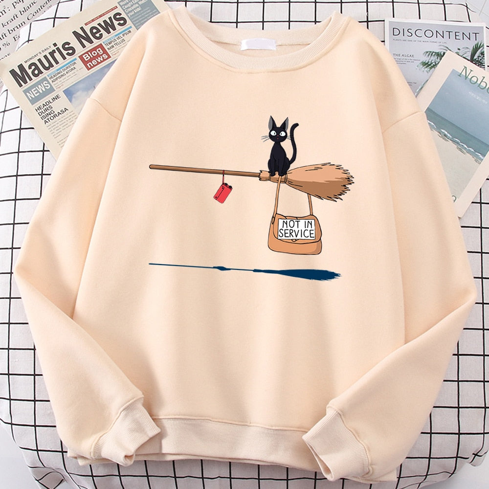 Cute Cat Not In Service Print Hoodie Women Casual Crewneck Sportswear Fleece Warm Sweatshirt