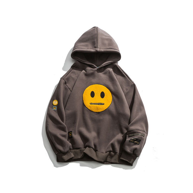 Zipper Pocket Smile Face Patchwork Fleece Hoodie Streetwear Casual Pullover