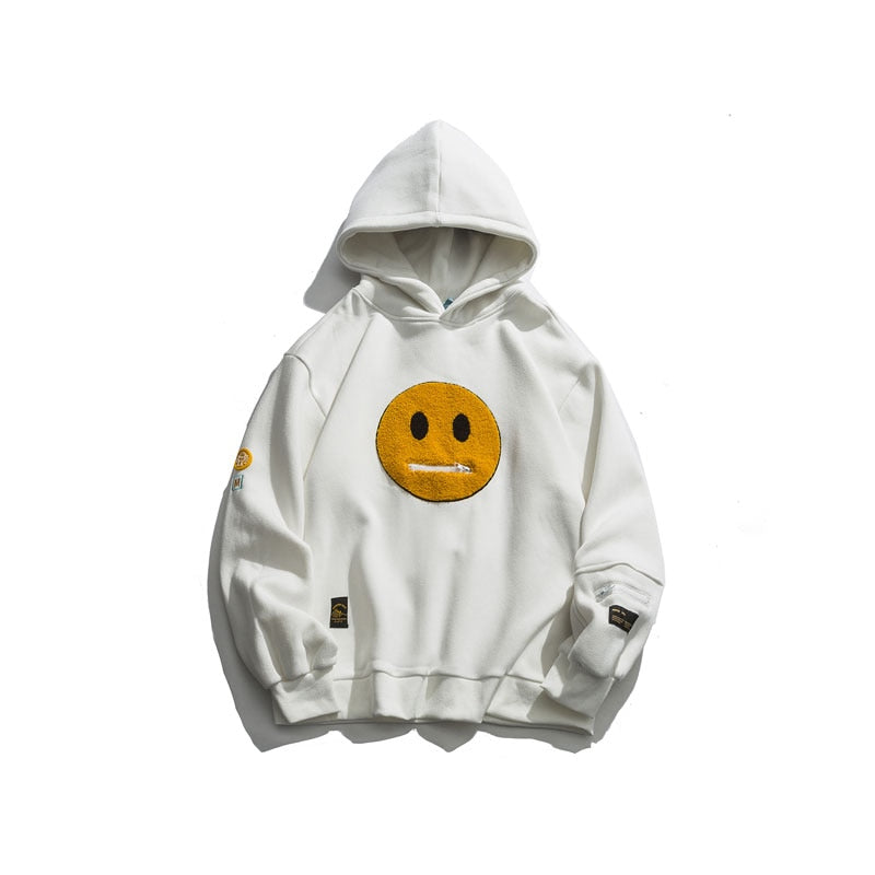 Zipper Pocket Smile Face Patchwork Fleece Hoodie Streetwear Casual Pullover