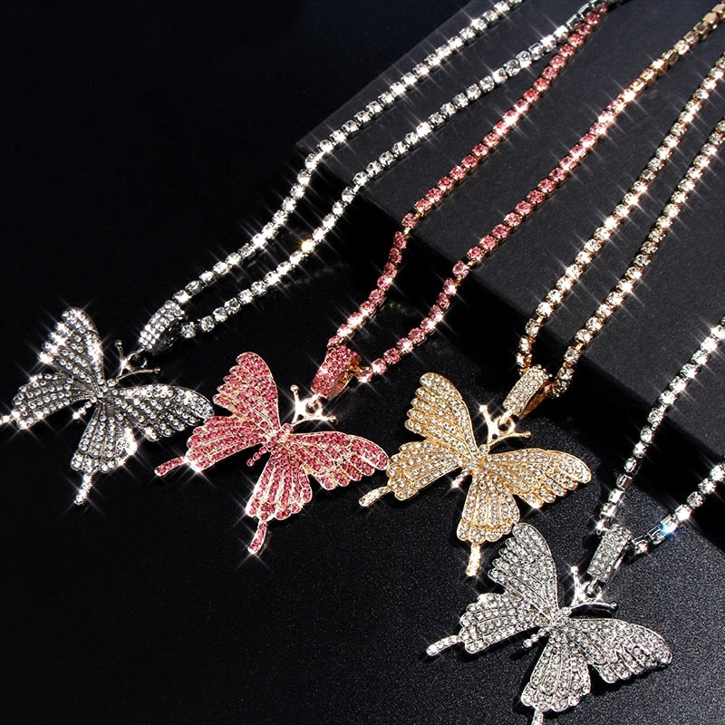 Butterfly Pendant Necklace Rhinestone Chain Crystal Choker Necklace Party Jewelry