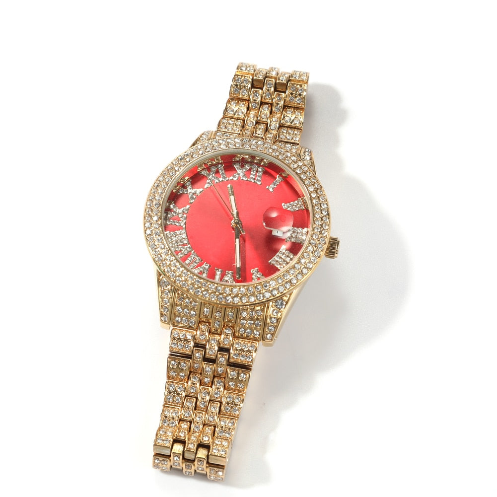 Hip Hop Full Iced Out Stainless Steel Luxury Rhinestones Quartz Business Wrist Watch