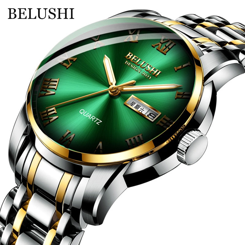 BELUSHI Men Stainless Steel Business Date Clock Waterproof Luminous Luxury Sport Quartz Wrist Watch