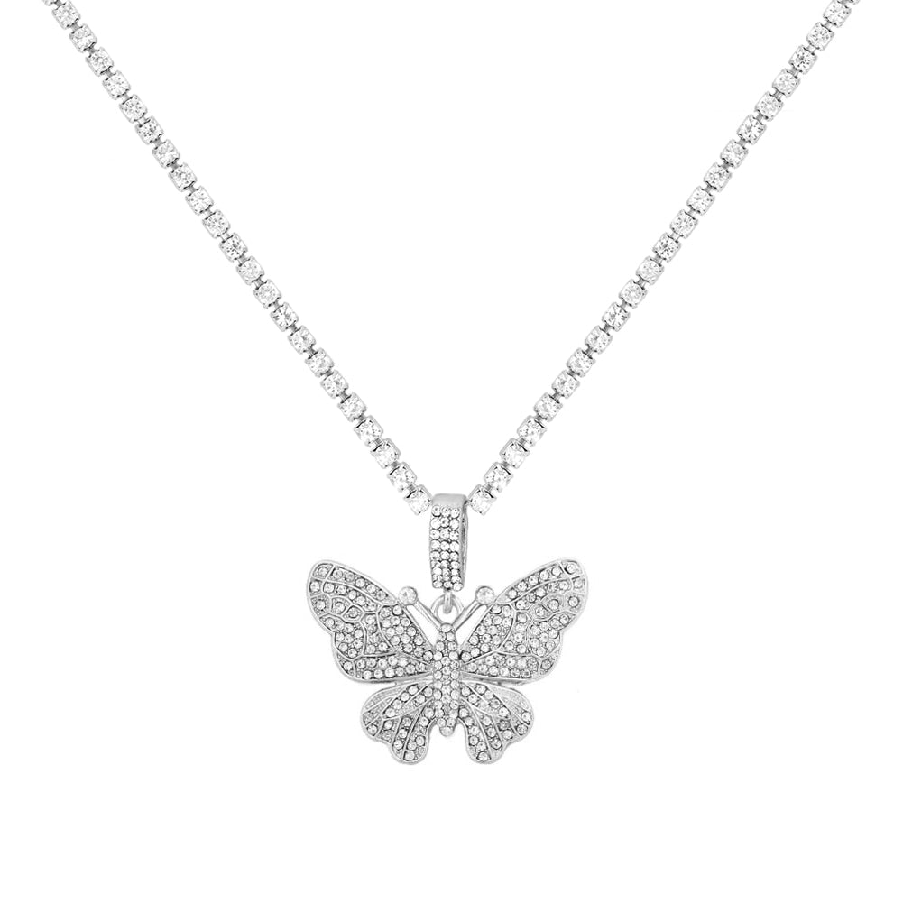 Butterfly Pendant Necklace Rhinestone Chain Crystal Choker Necklace Party Jewelry