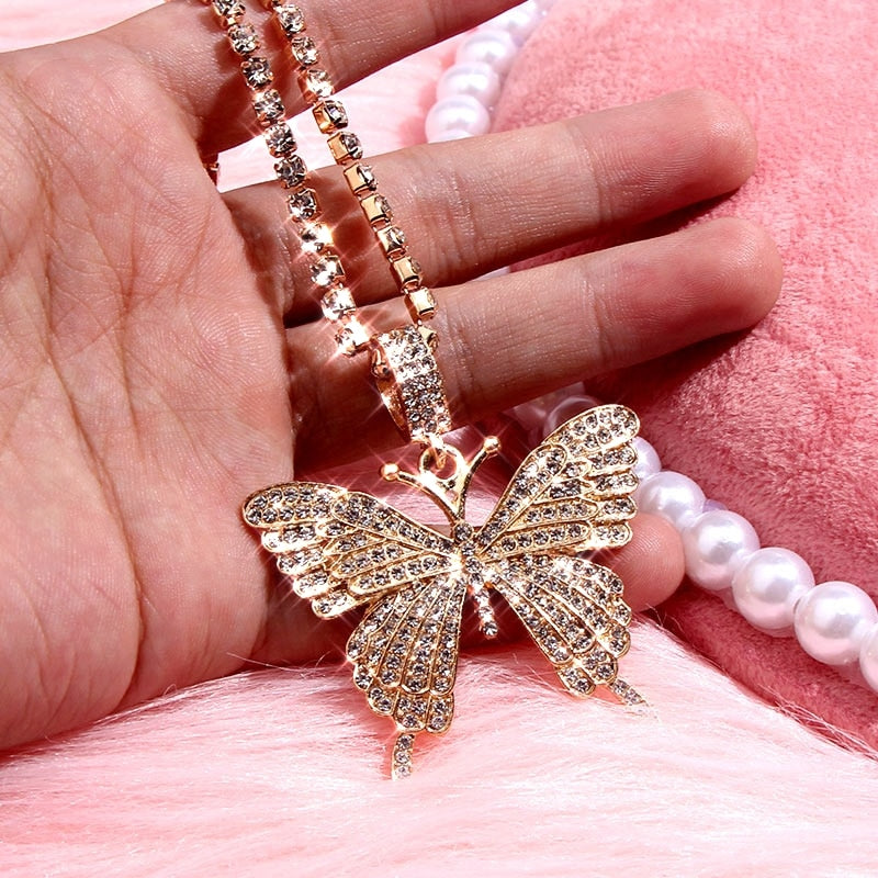 Butterfly Pendant Necklace Rhinestone Chain Crystal Choker Necklace Party Jewelry