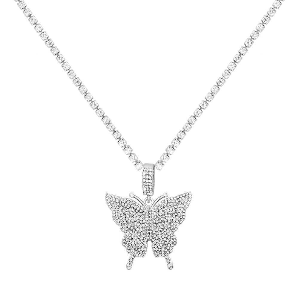 Butterfly Pendant Necklace Rhinestone Chain Crystal Choker Necklace Party Jewelry