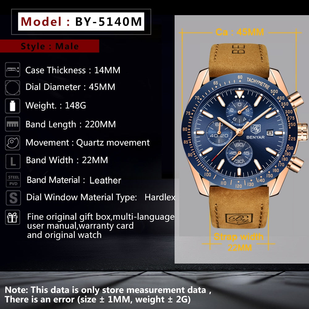BENYAR Men Luxury Silicone Strap Waterproof Sport Quartz Chronograph Military Watch