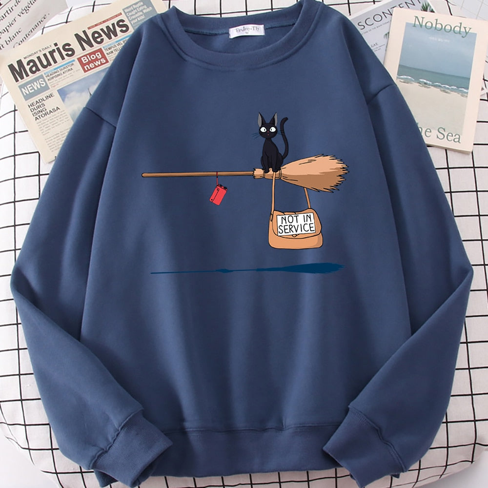 Cute Cat Not In Service Print Hoodie Women Casual Crewneck Sportswear Fleece Warm Sweatshirt