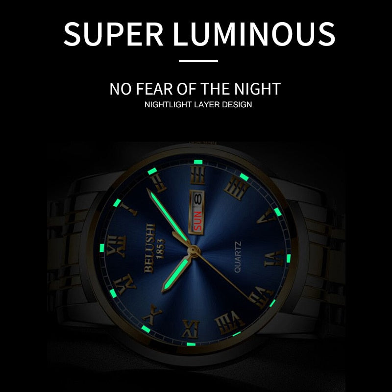 BELUSHI Men Stainless Steel Business Date Clock Waterproof Luminous Luxury Sport Quartz Wrist Watch