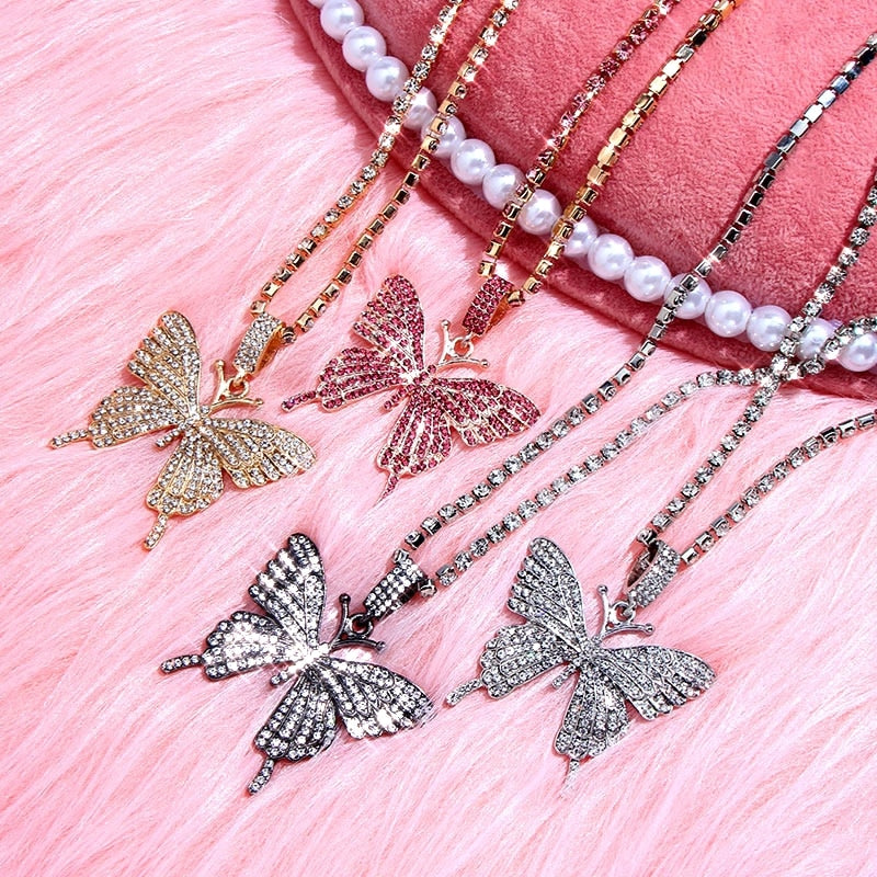 Butterfly Pendant Necklace Rhinestone Chain Crystal Choker Necklace Party Jewelry