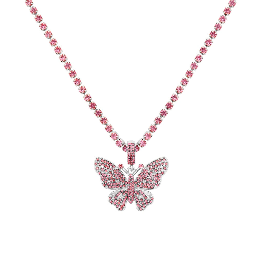 Butterfly Pendant Necklace Rhinestone Chain Crystal Choker Necklace Party Jewelry