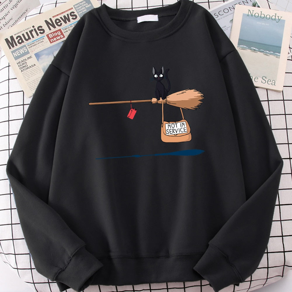 Cute Cat Not In Service Print Hoodie Women Casual Crewneck Sportswear Fleece Warm Sweatshirt