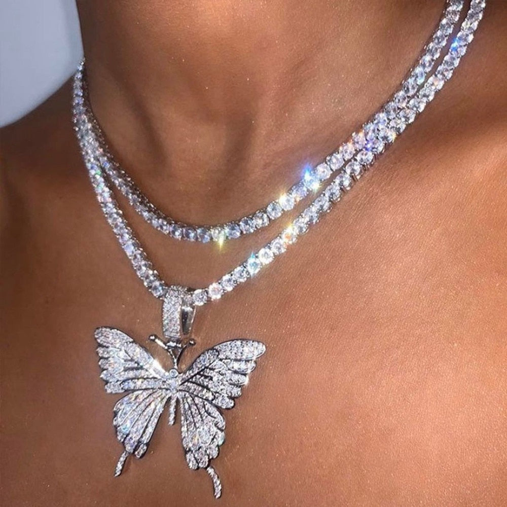 Butterfly Pendant Necklace Rhinestone Chain Crystal Choker Necklace Party Jewelry