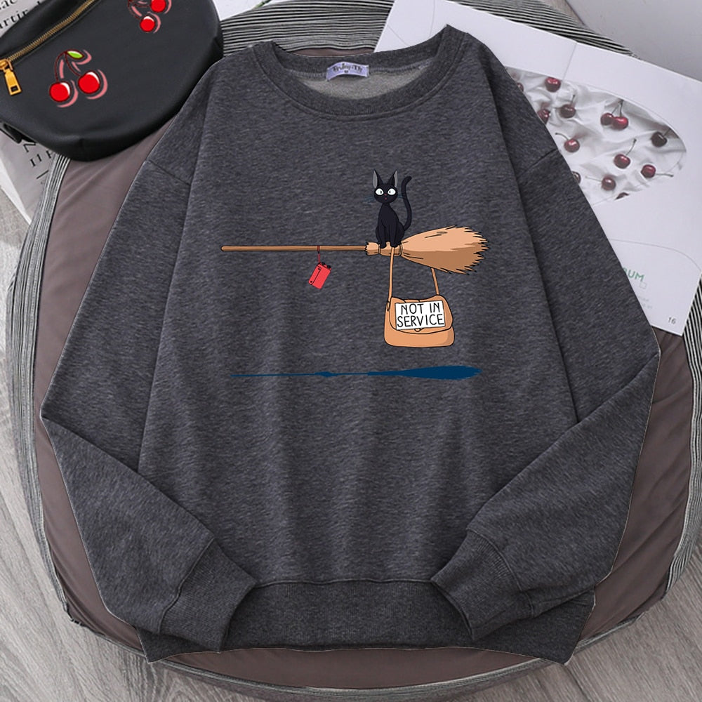 Cute Cat Not In Service Print Hoodie Women Casual Crewneck Sportswear Fleece Warm Sweatshirt