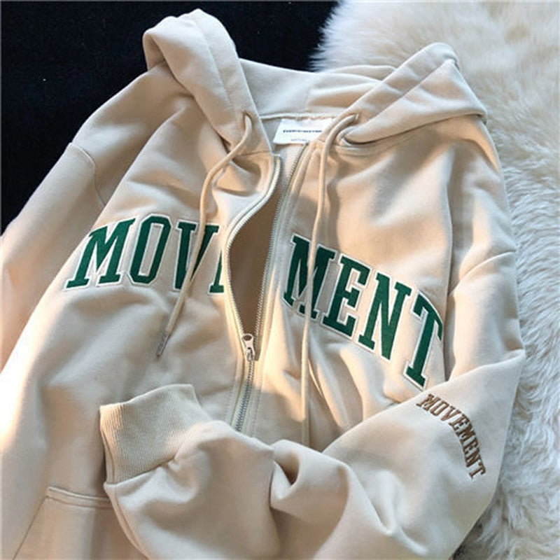 Women Hoodie Harajuku Korean Version Oversized Solid Color Zip Up Sweatshirt Female Casual Long Sleeve Pocket Hoodie