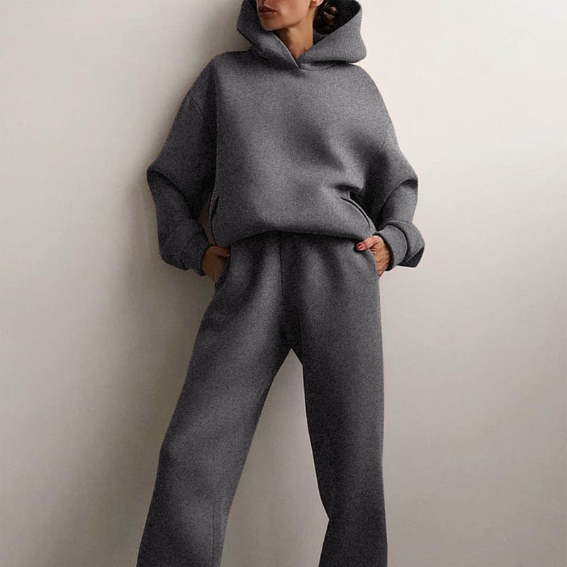 Fleece-lined Tracksuits Women Casual Solid Warm Suits Hoodies Sweatpants Autumn Winter Pullover Sweatshirts Pants 2 Piece Set