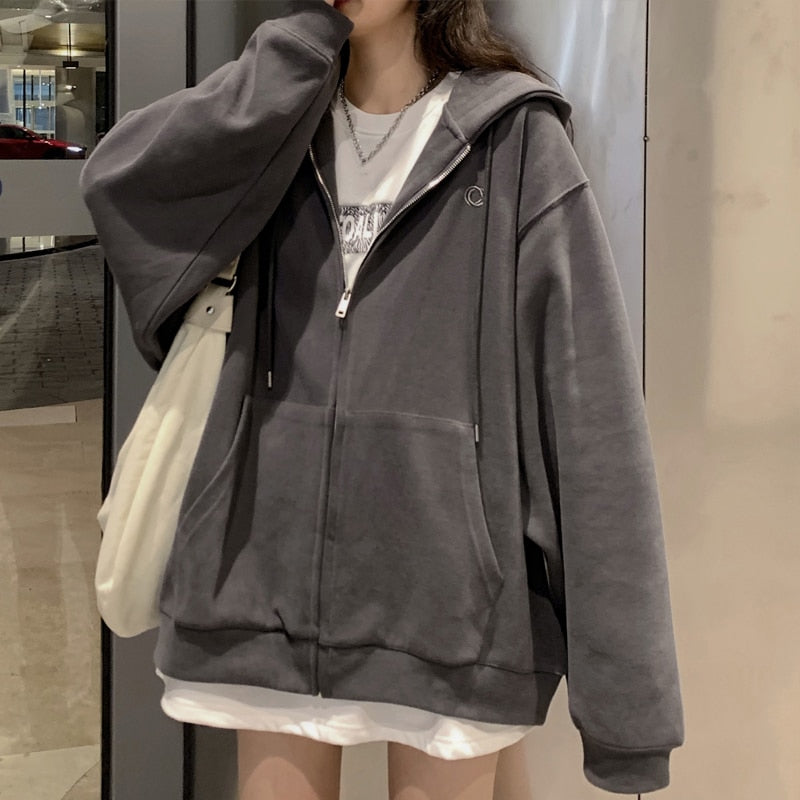 Women Hoodie Harajuku Korean Version Oversized Solid Color Zip Up Sweatshirt Female Casual Long Sleeve Pocket Hoodie