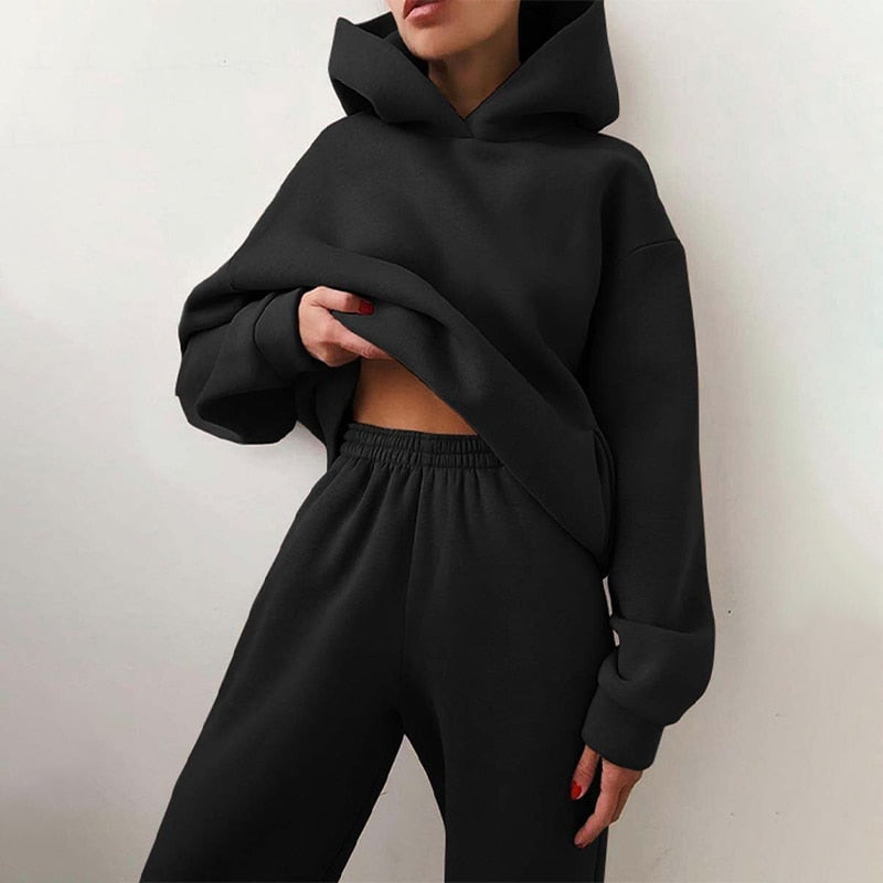 Fleece-lined Tracksuits Women Casual Solid Warm Suits Hoodies Sweatpants Autumn Winter Pullover Sweatshirts Pants 2 Piece Set