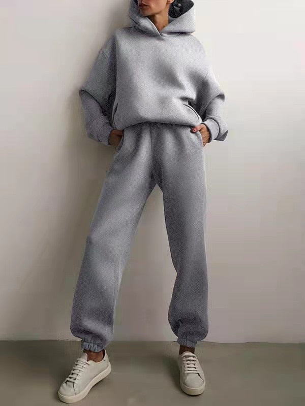 Fleece-lined Tracksuits Women Casual Solid Warm Suits Hoodies Sweatpants Autumn Winter Pullover Sweatshirts Pants 2 Piece Set