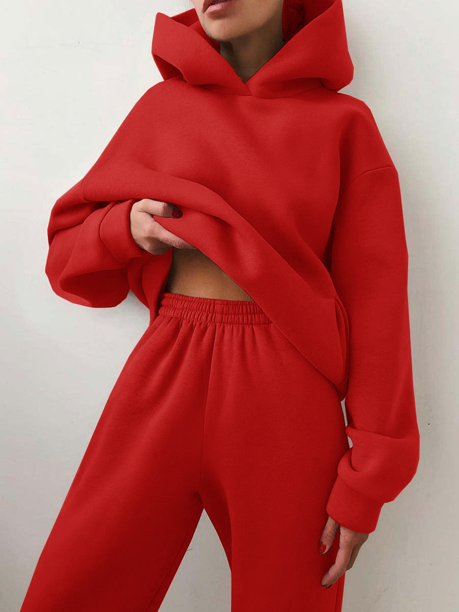 Fleece-lined Tracksuits Women Casual Solid Warm Suits Hoodies Sweatpants Autumn Winter Pullover Sweatshirts Pants 2 Piece Set