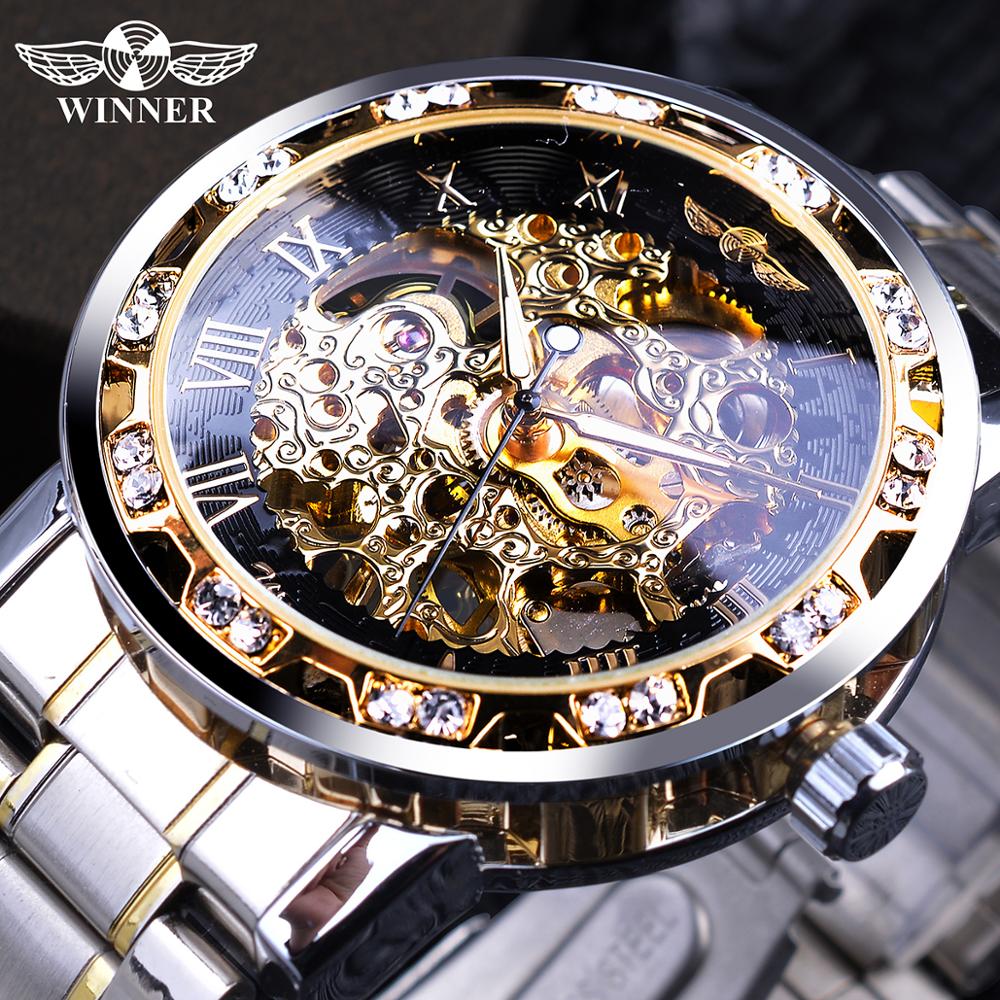 Transparent Diamond Luminous Gear Movement Royal Design Mechanical Skeleton Wrist Watch