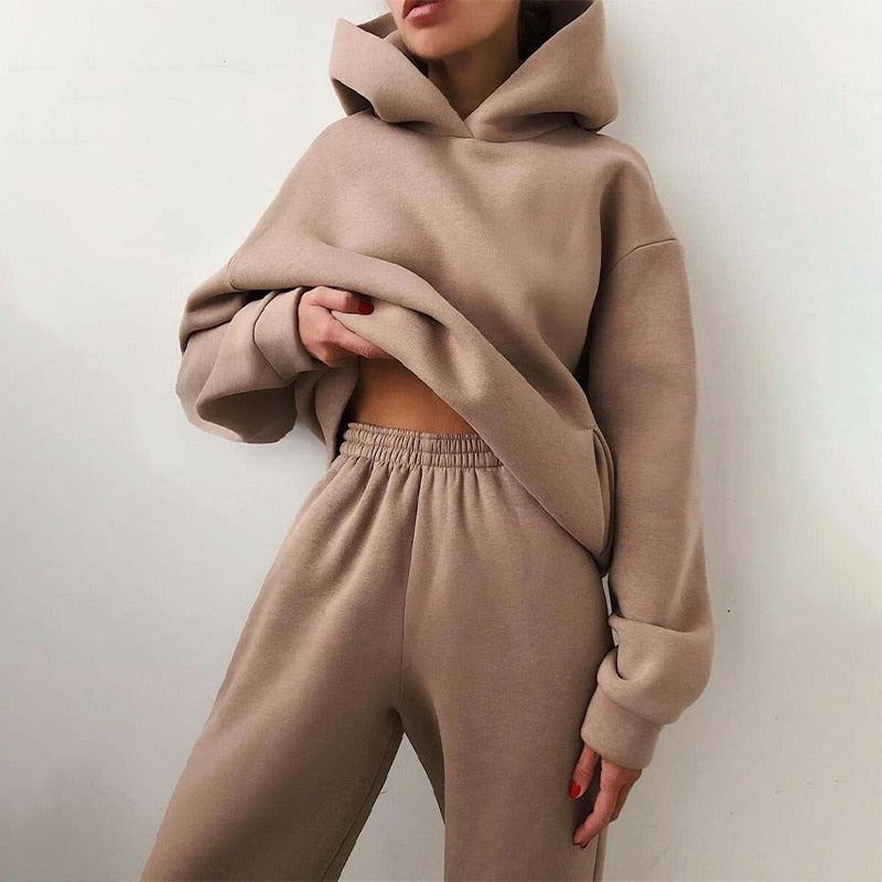 Fleece-lined Tracksuits Women Casual Solid Warm Suits Hoodies Sweatpants Autumn Winter Pullover Sweatshirts Pants 2 Piece Set