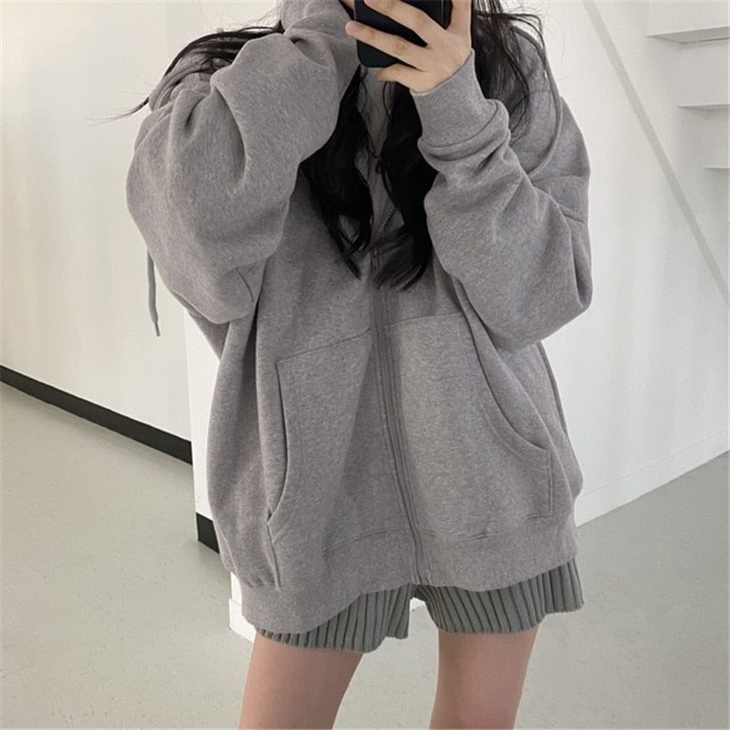 Women Hoodie Harajuku Korean Version Oversized Solid Color Zip Up Sweatshirt Female Casual Long Sleeve Pocket Hoodie