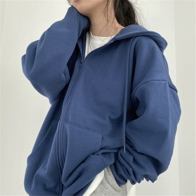 Women Hoodie Harajuku Korean Version Oversized Solid Color Zip Up Sweatshirt Female Casual Long Sleeve Pocket Hoodie