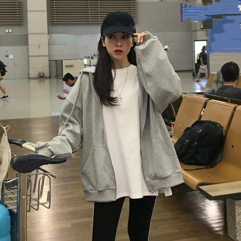 Women Hoodie Harajuku Korean Version Oversized Solid Color Zip Up Sweatshirt Female Casual Long Sleeve Pocket Hoodie