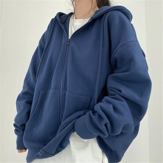 Women Hoodie Harajuku Korean Version Oversized Solid Color Zip Up Sweatshirt Female Casual Long Sleeve Pocket Hoodie