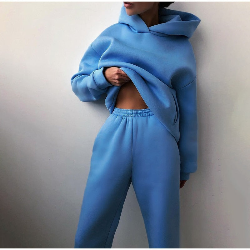 Fleece-lined Tracksuits Women Casual Solid Warm Suits Hoodies Sweatpants Autumn Winter Pullover Sweatshirts Pants 2 Piece Set