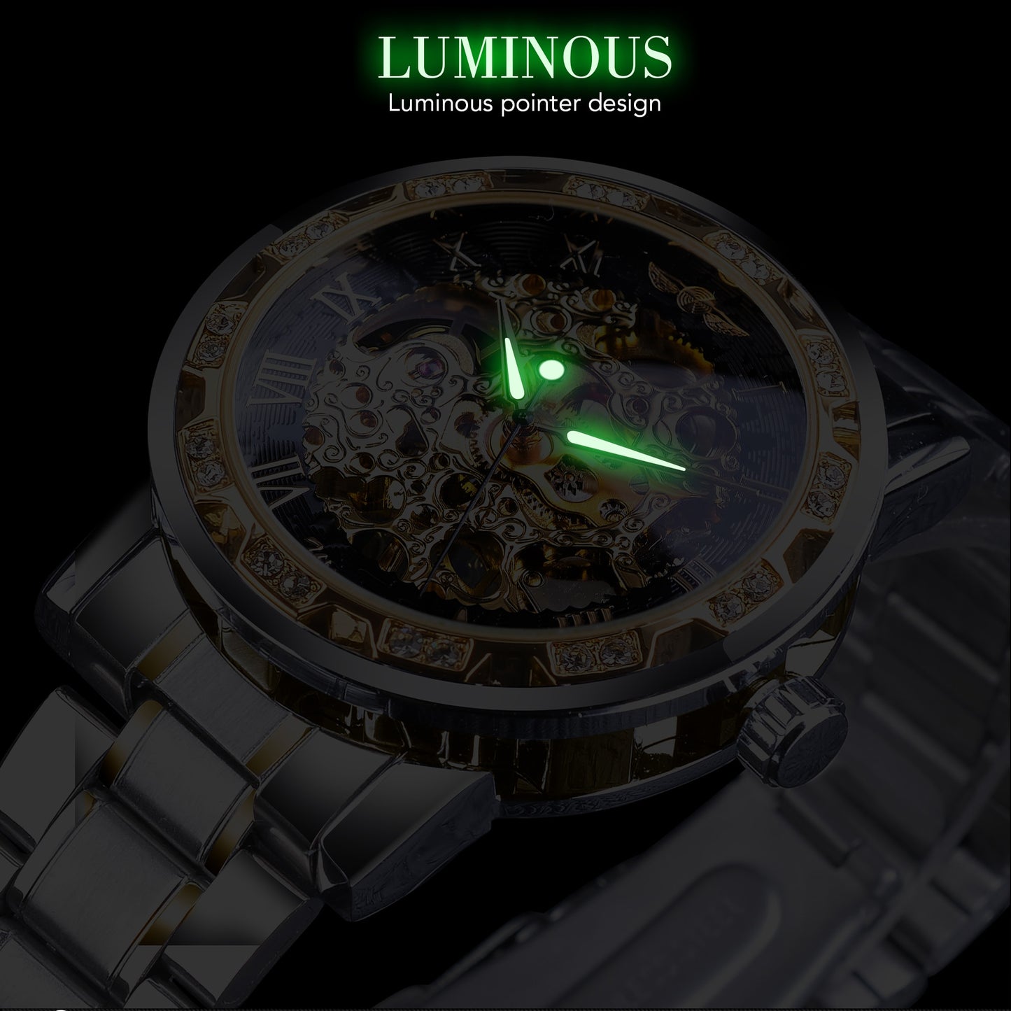 Transparent Diamond Luminous Gear Movement Royal Design Mechanical Skeleton Wrist Watch
