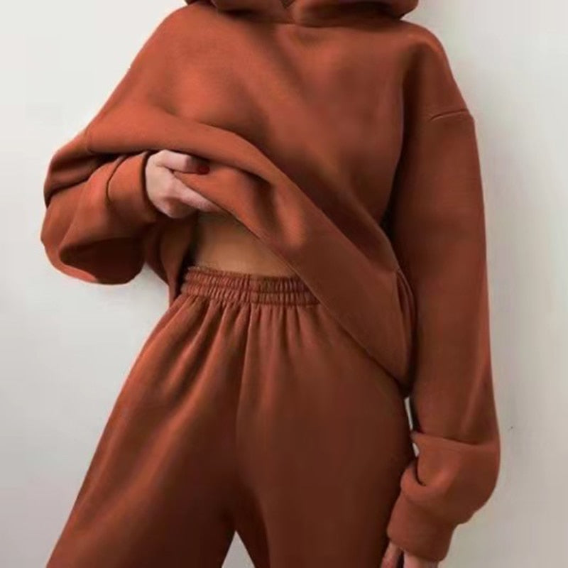 Fleece-lined Tracksuits Women Casual Solid Warm Suits Hoodies Sweatpants Autumn Winter Pullover Sweatshirts Pants 2 Piece Set