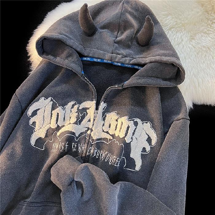 Harajuku Angel Ears Hoodies Women Retro Oversize Zipper Sweatshirts Autumn Y2K Long Sleeve Hooded Top