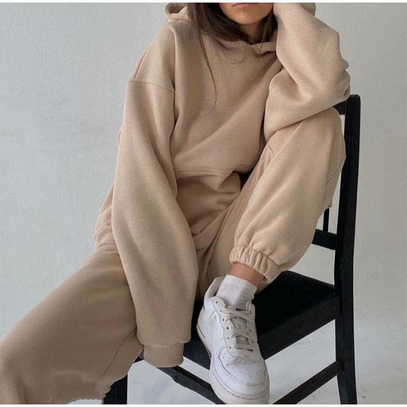 Fleece-lined Tracksuits Women Casual Solid Warm Suits Hoodies Sweatpants Autumn Winter Pullover Sweatshirts Pants 2 Piece Set