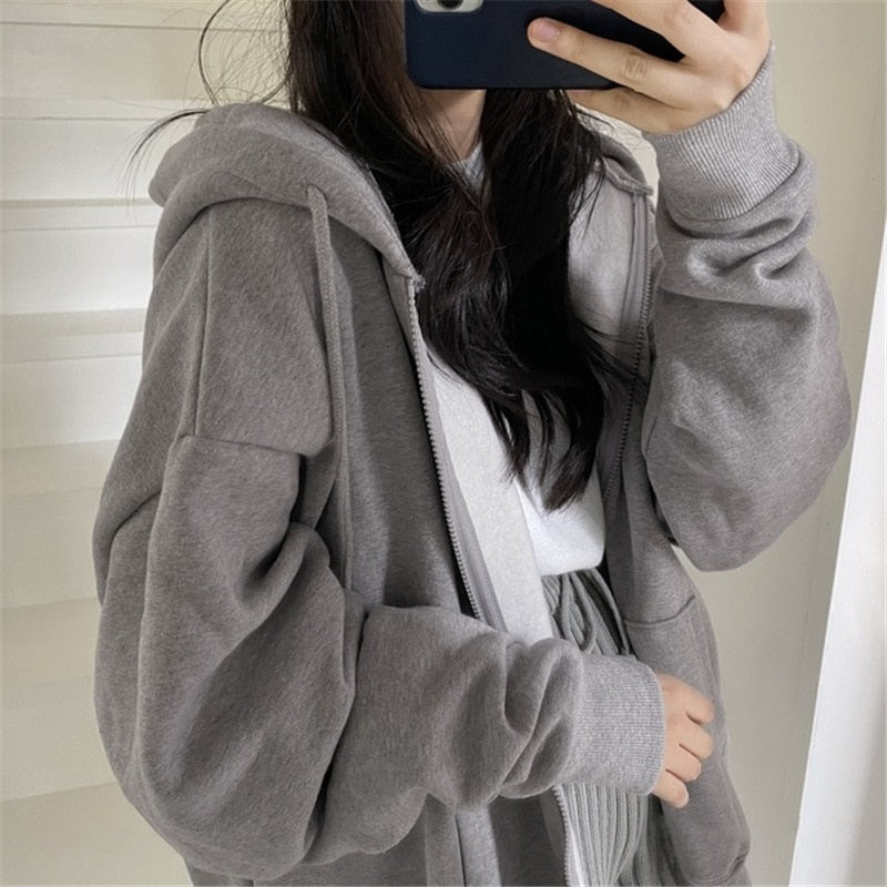 Women Hoodie Harajuku Korean Version Oversized Solid Color Zip Up Sweatshirt Female Casual Long Sleeve Pocket Hoodie