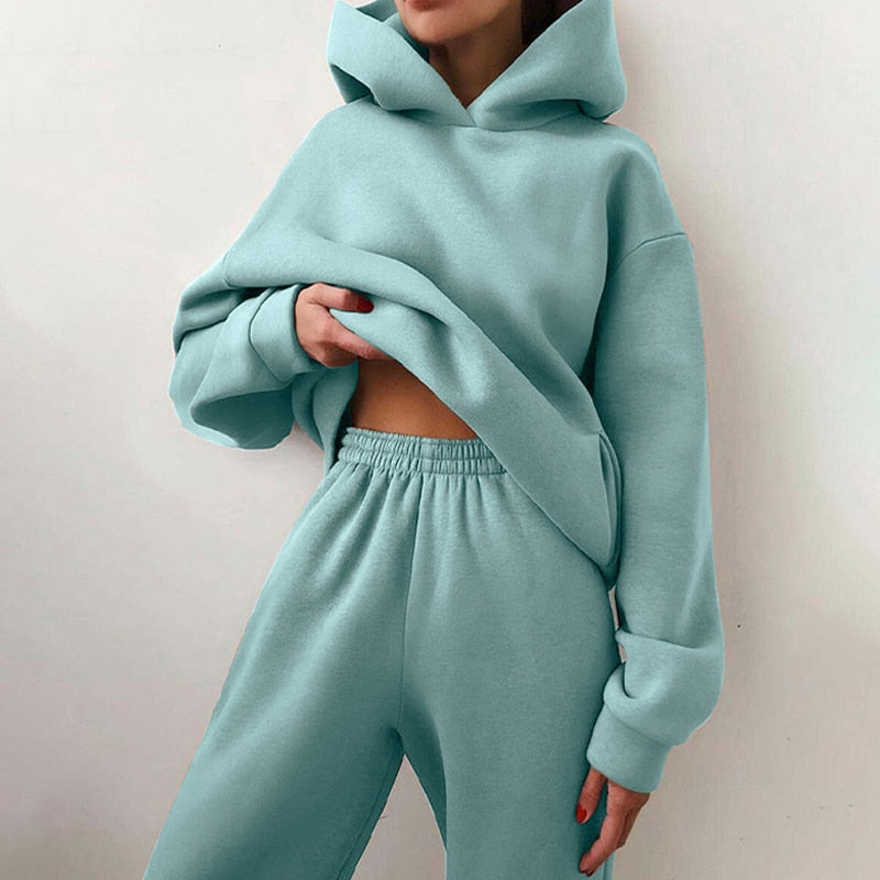 Fleece-lined Tracksuits Women Casual Solid Warm Suits Hoodies Sweatpants Autumn Winter Pullover Sweatshirts Pants 2 Piece Set